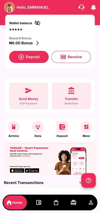 TARGAR app wallet screen